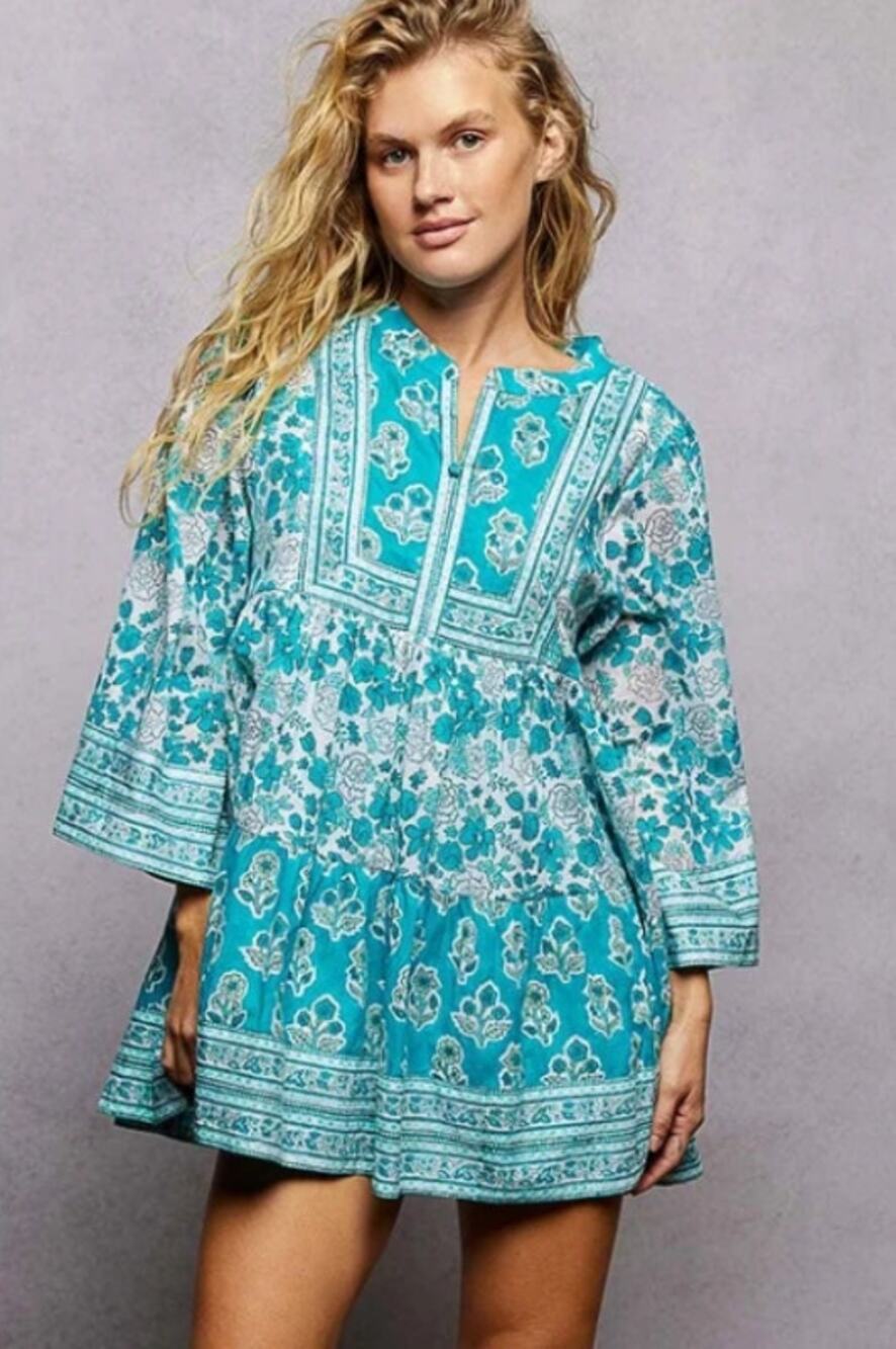 POL Teal Floral Hand Block Print Cotton Tunic Mini Dress L - Coastal Floral